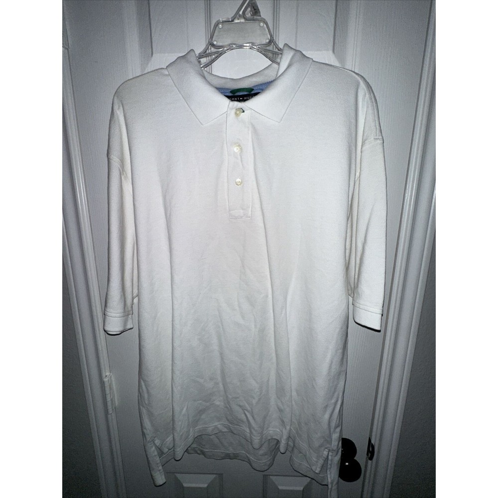 Tommy Hilfiger Polo Shirt Mens Large Blue White Striped Casual Short Sleeve